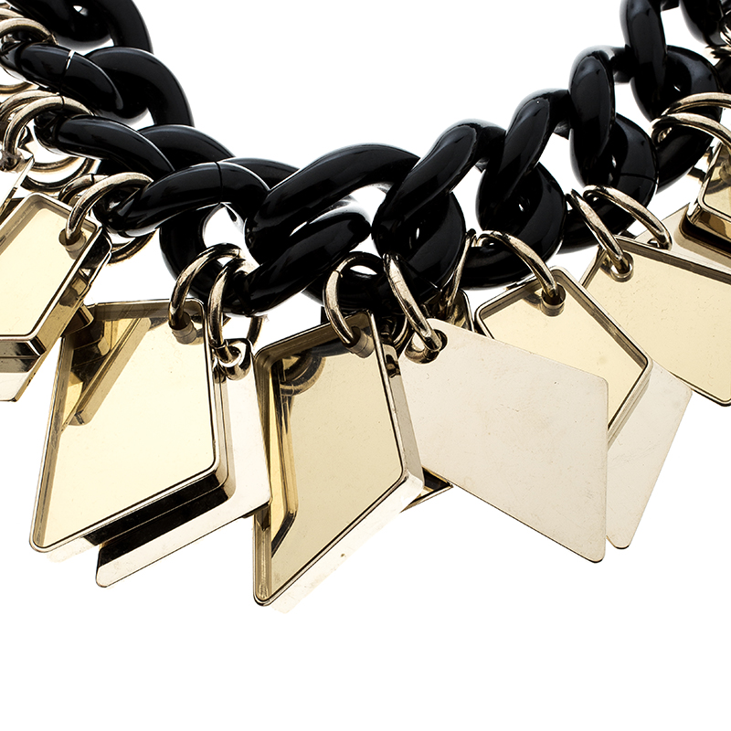 

Salvatore Ferragamo Gold Tone Tags Black Resin Link Chain Necklace