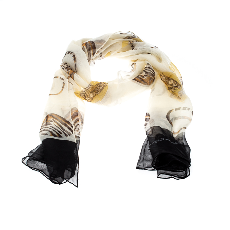 

Salvatore Ferragamo Cream Zebra and Circle Printed Silk Chiffon Scarf