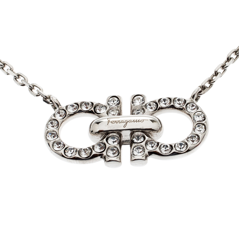 Pre Owned Salvatore Ferragamo Double Gancio Crystal Silver Tone Necklace