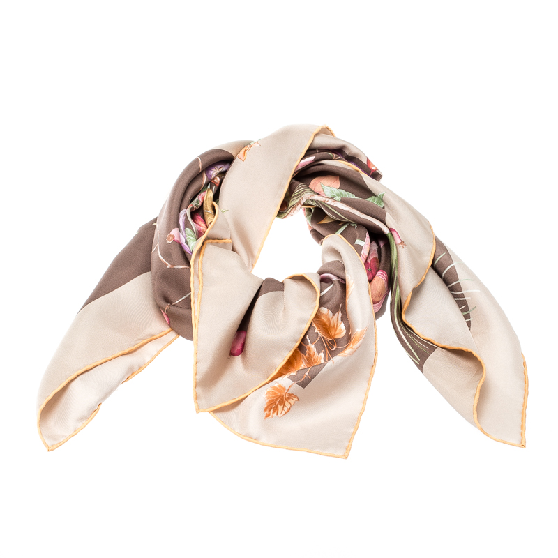 

Salvatore Ferragamo Brown Floral Printed Silk Square Scarf