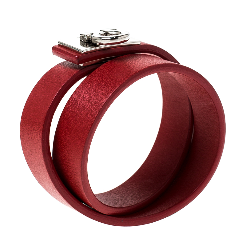 

Salvatore Ferragamo Gancini Red Leather Silver Tone Wrap Bracelet
