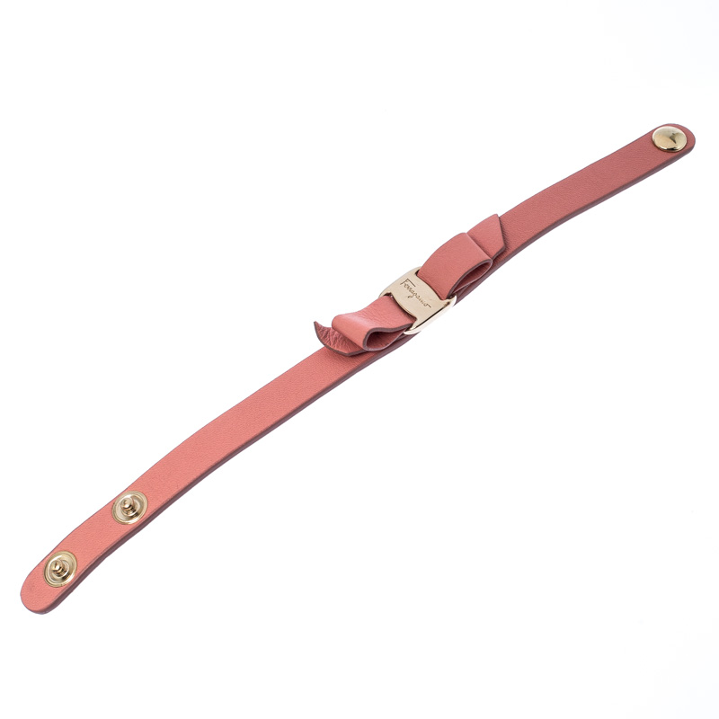 

Salvatore Ferragamo Vara Bow Pink Leather Gold Tone Bracelet