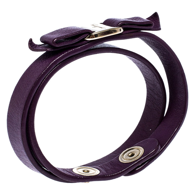 

Salvatore Ferragamo Aubergine Leather Vara Bow Double Wrap Bracelet, Purple