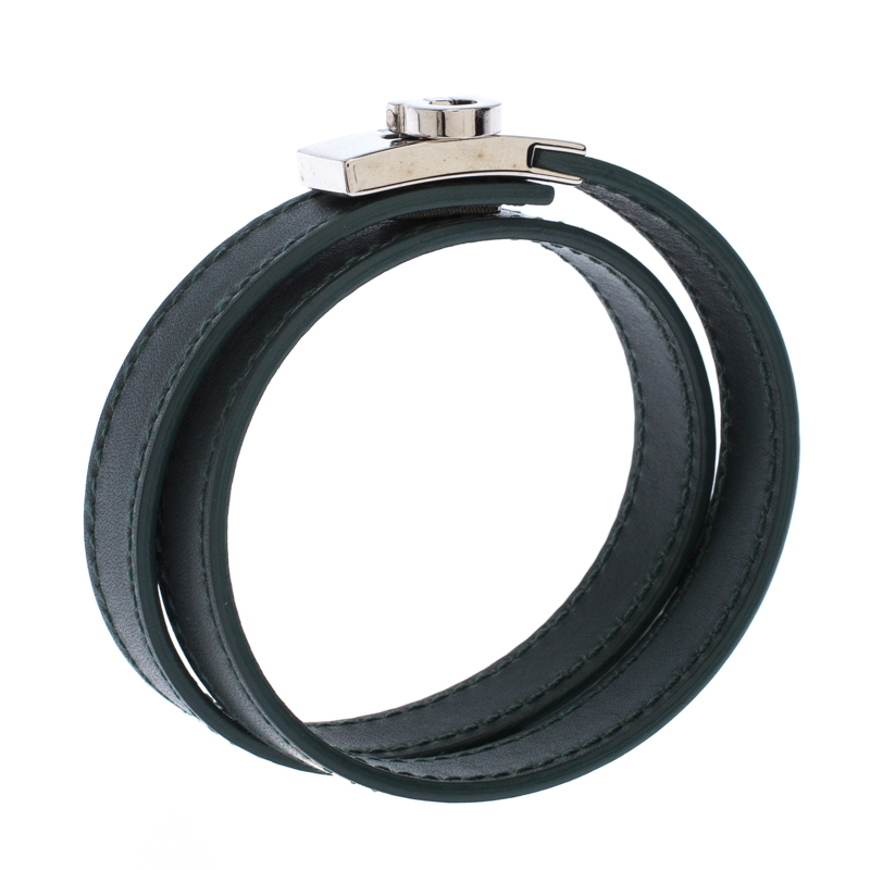 

Salvatore Ferragamo Moss Green Leather Gancini Double Wrap Bracelet