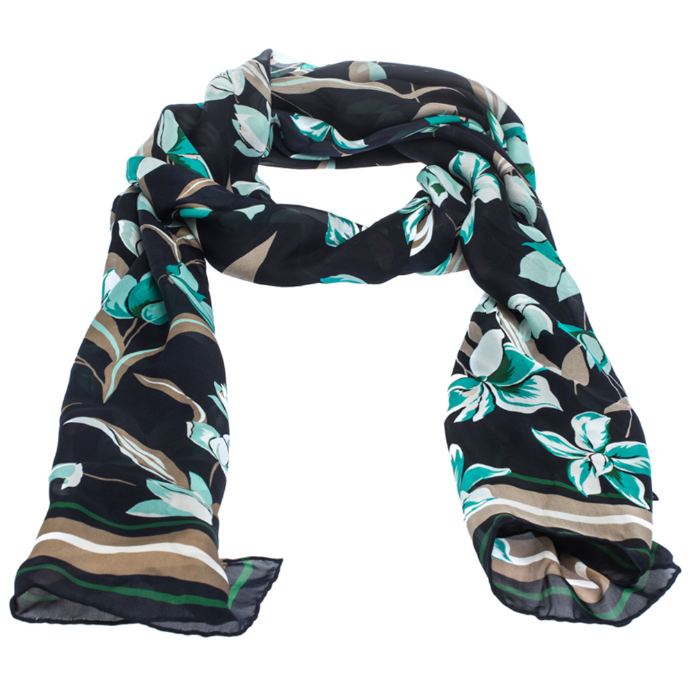

Salvatore Ferragamo Navy Blue Floral Print Silk Scarf