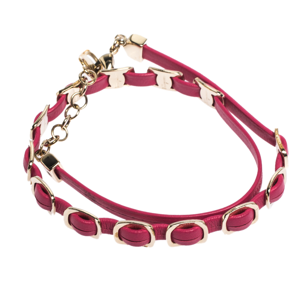 

Salvatore Ferragamo Varini Pink Leather Gold Tone Double Wrap Adjustable Bracelet