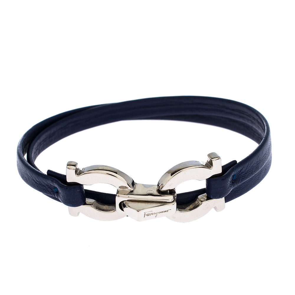 Pre Owned Salvatore Ferragamo Gancini Blue Leather Silver Tone Slim Wrap Bracelet