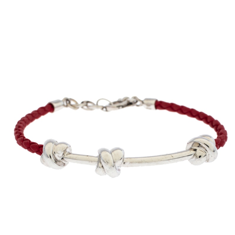 

Salvatore Ferragamo Knot Motif Silver Woven Red Leather Bracelet