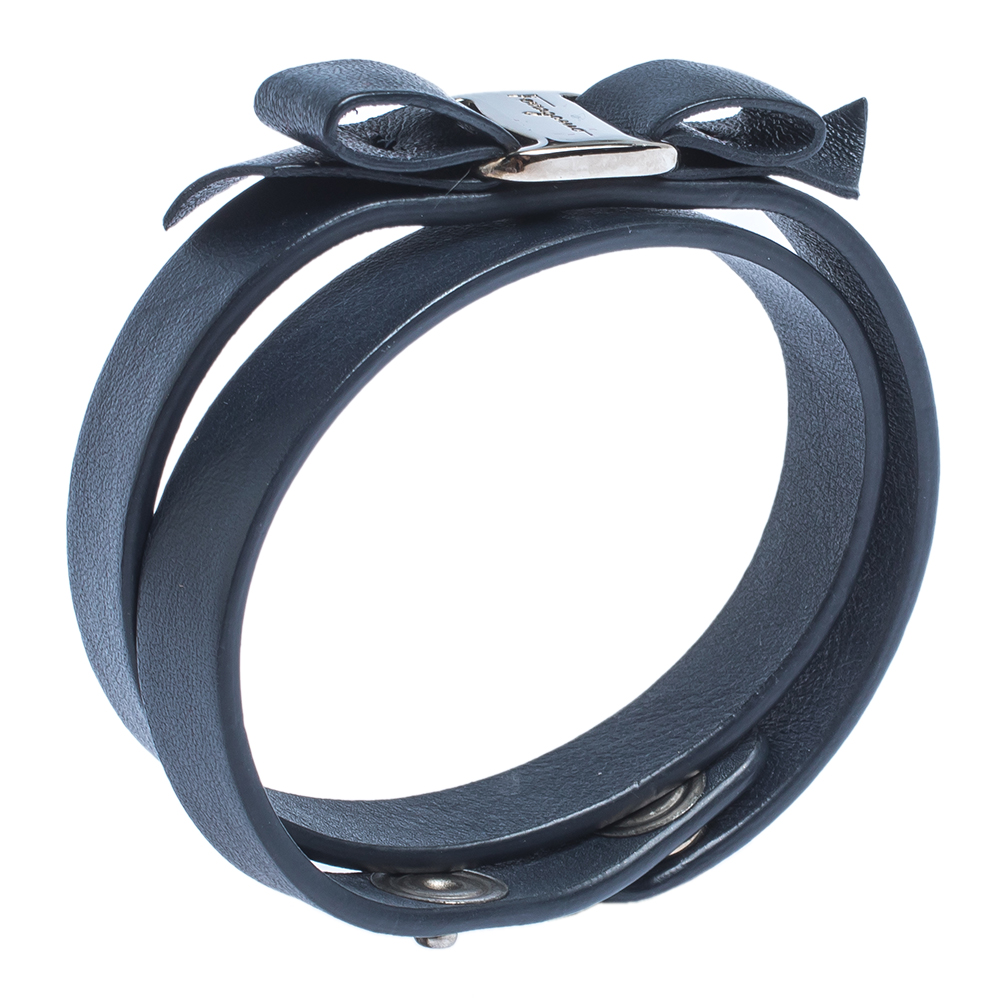 

Salvatore Ferragamo Vara Bow Navy Blue Leather Silver Tone Double Wrap Bracelet