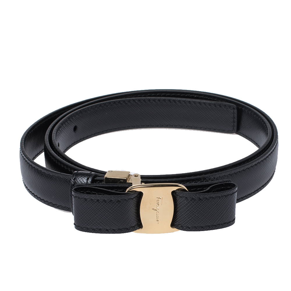 

Salvatore Ferragamo Black Leather Vara Bow Slim Belt