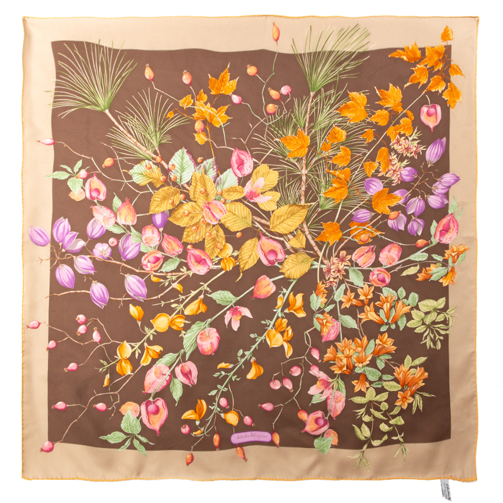 Click to view more detailed imagery on our partner's website Pre-owned Salvatore Ferragamo Brown Fruit Print Silk Scarf