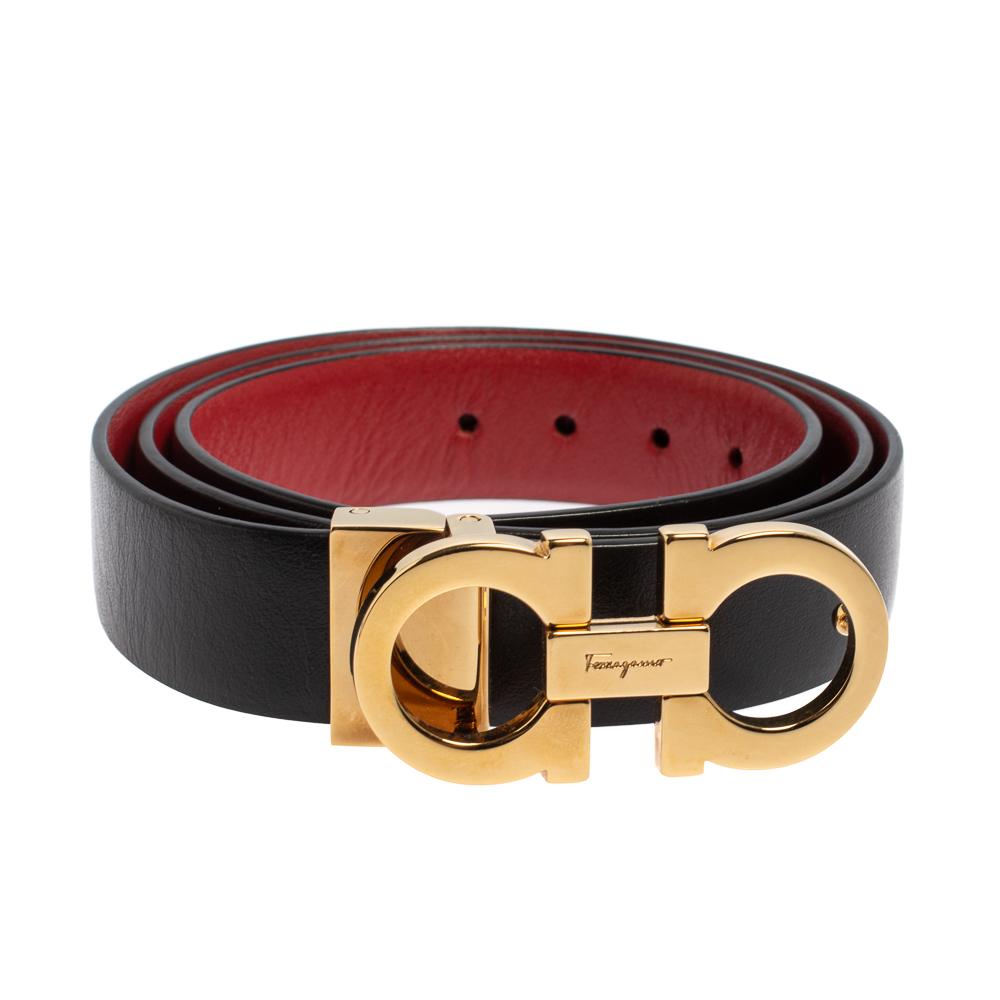 

Salvatore Ferragamo Black/Red Leather Reversible Gancini Buckle Belt Size