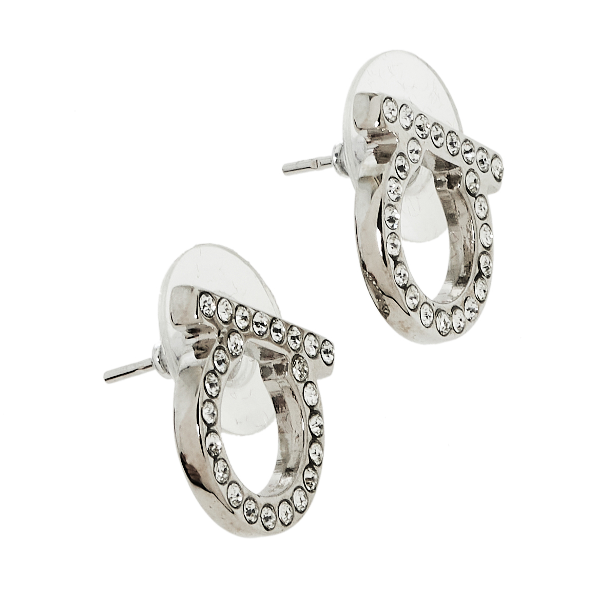 

Salvatore Ferragamo Silver Tone Crystal Gancini Stud Earrings