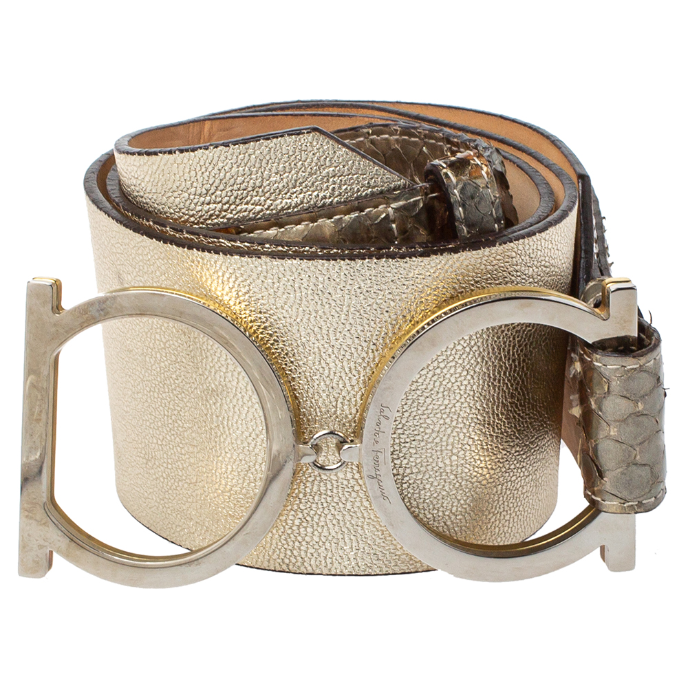 

Salvatore Ferragamo Metallic Gold Python And Leather Waist Belt