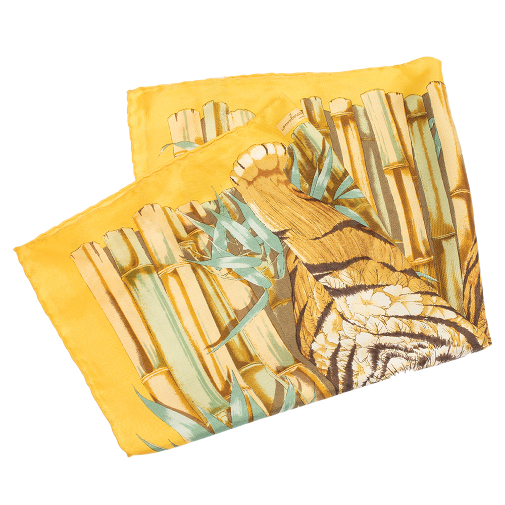 

Salvatore Ferragamo Yellow Tiger Bamboo Print Silk Square Scarf