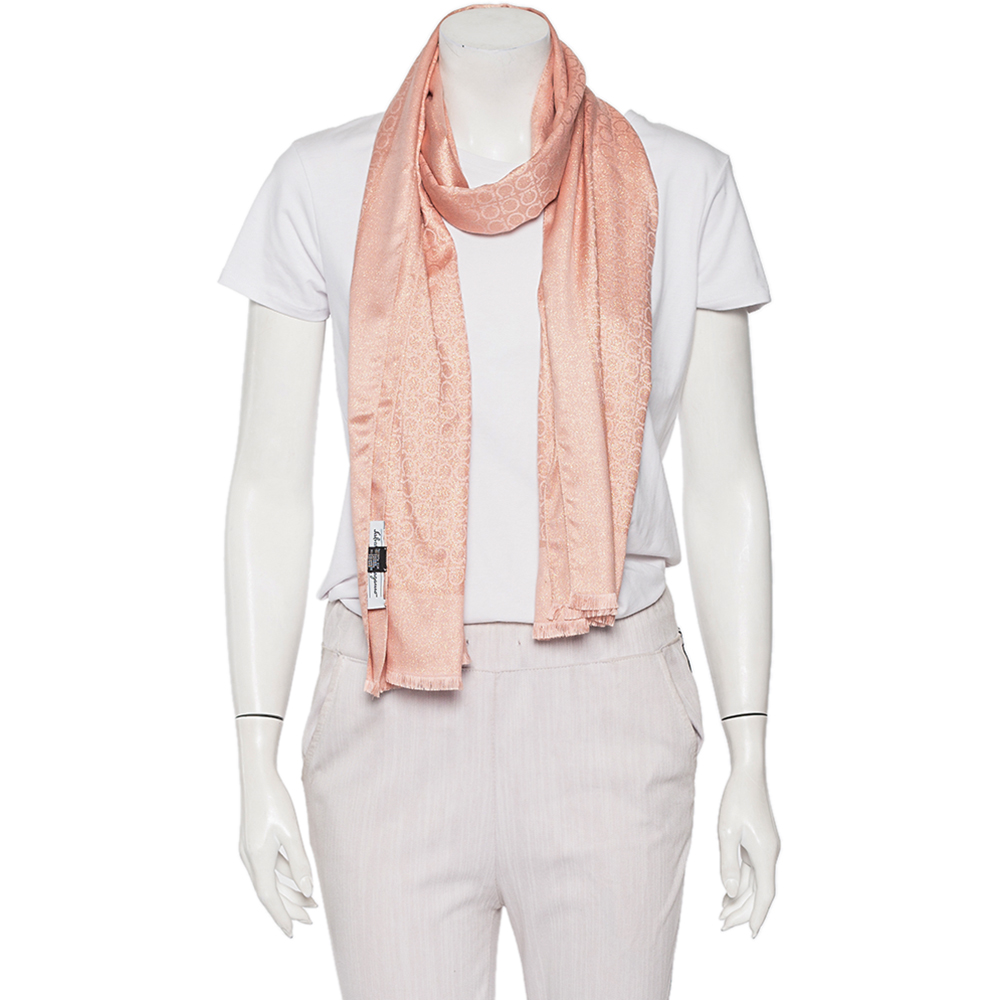 

Salvatore Ferragamo Pink Lurex Gancini Pattern Silk & Wool Scarf