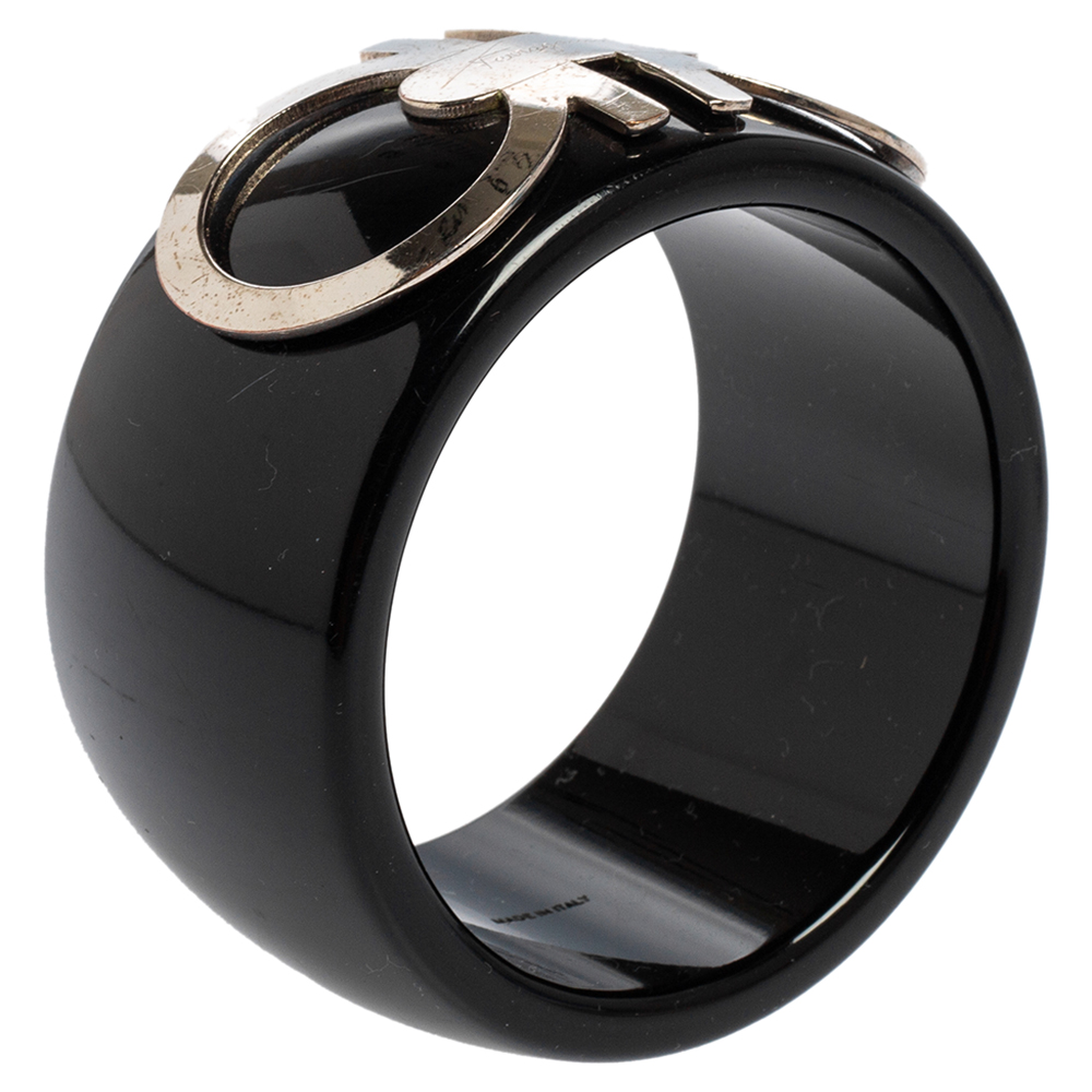 

Salvatore Ferragamo Black Resin Silver Tone Logo Bangle Bracelet