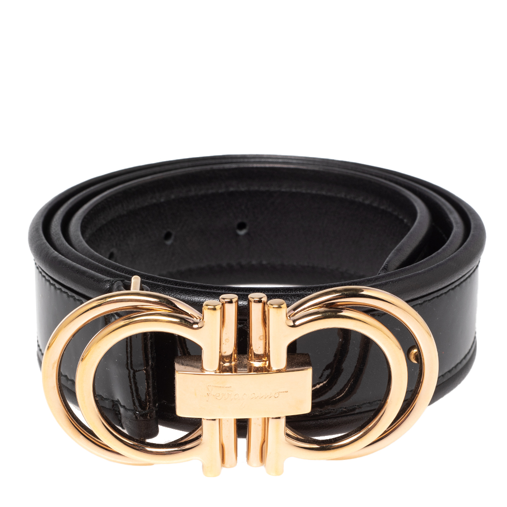 

Salvatore Ferragamo Black Patent Leather and Leather Trim Gancini Buckle Belt