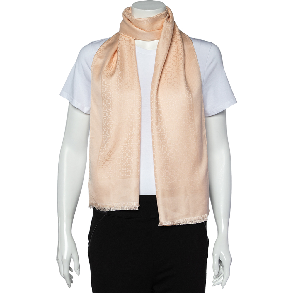 

Salvatore Ferragamo Cream Gancini Pattern Silk & Wool Scarf