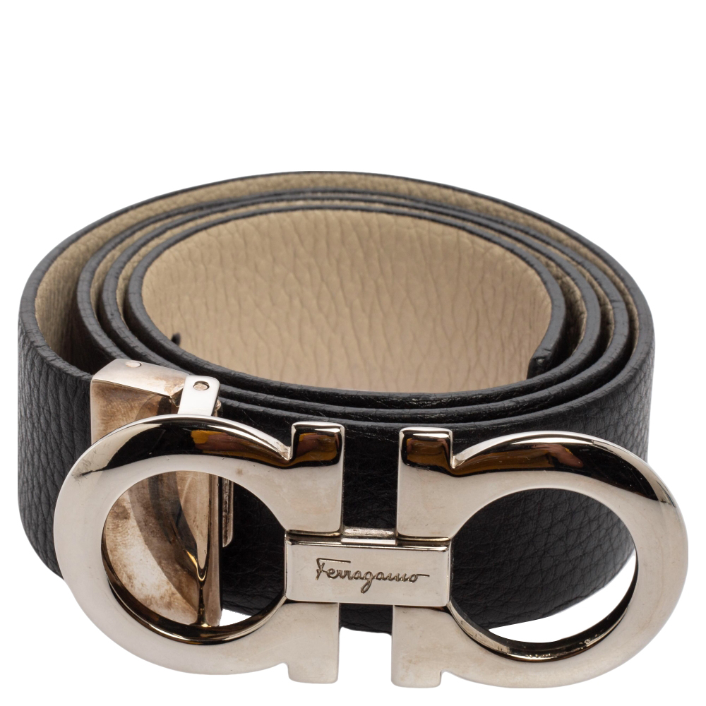 

Salvatore Ferragamo Black Grained Leather Gancini Reversible Belt