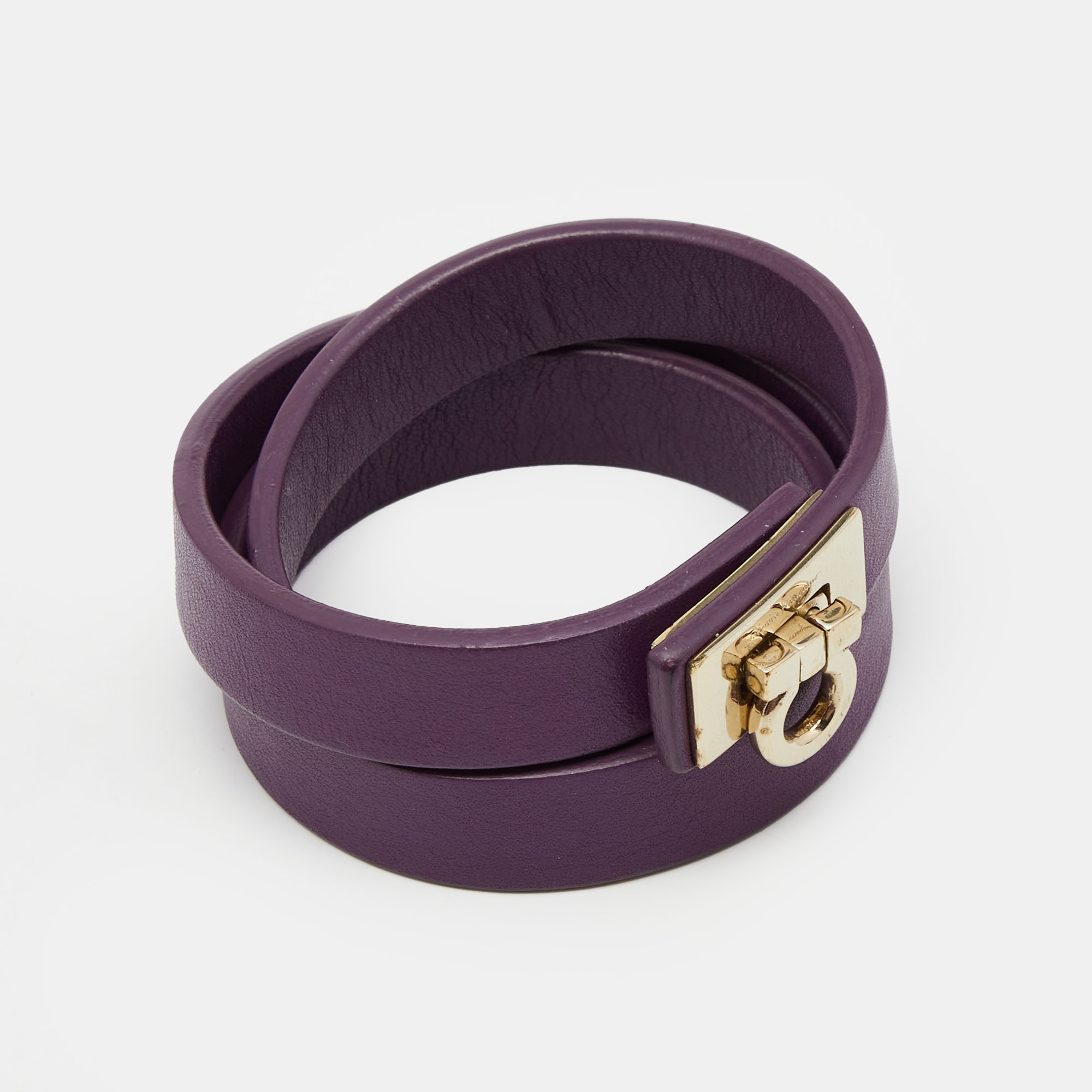 

Salvatore Ferragamo Gancini Lock Purple Leather Gold Tone Wrap Bracelet