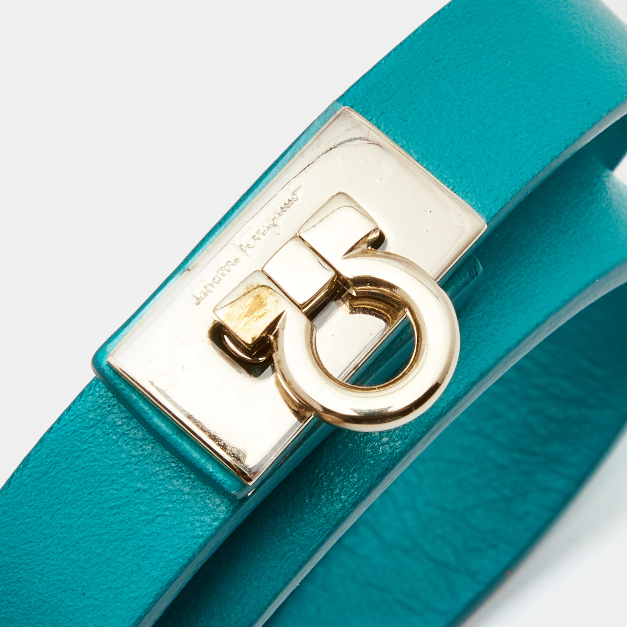 

Salvatore Ferragamo Aqua Green Leather Gancet Double Wrap Bracelet