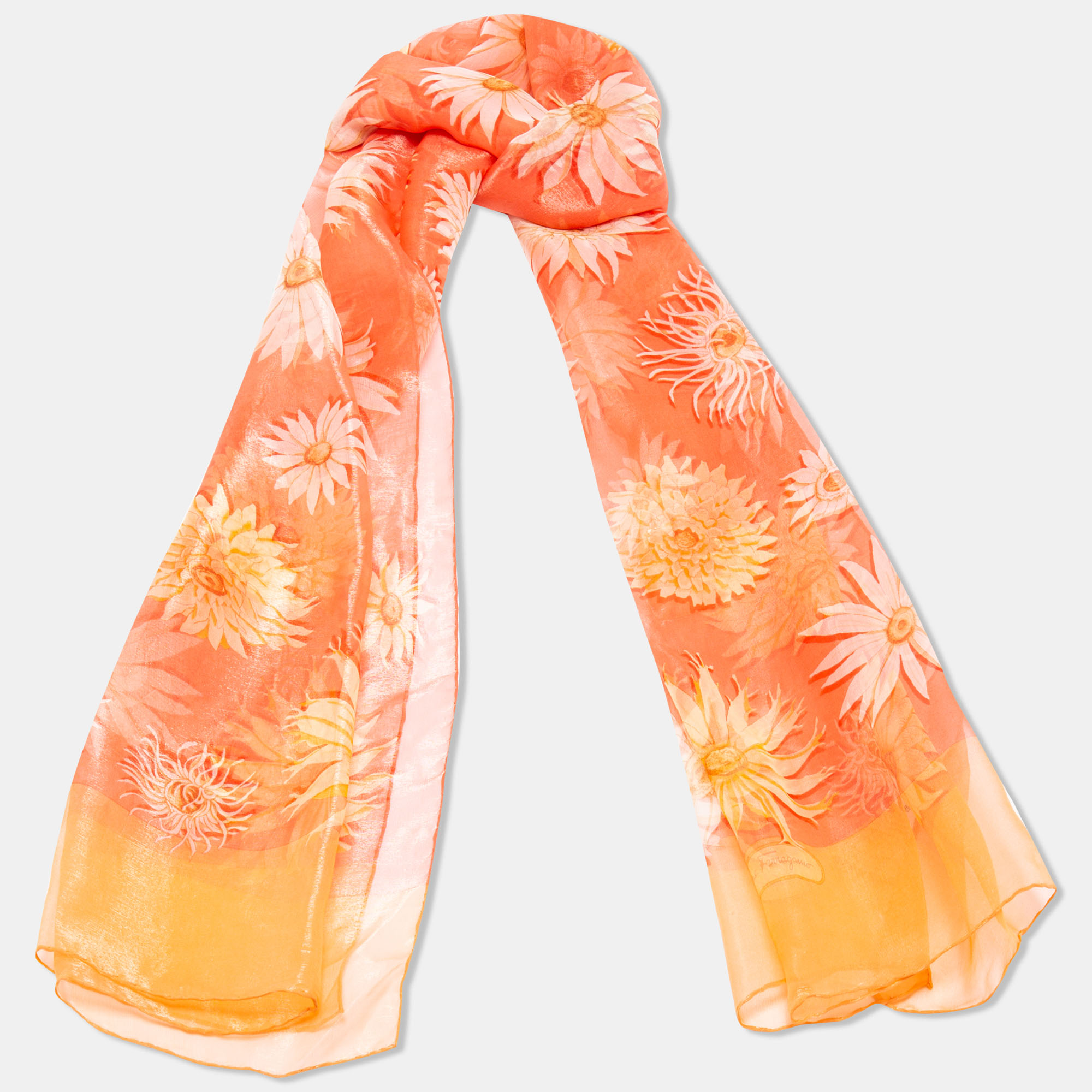 

Salvatore Ferragamo Coral Pink Floral Print Silk Blend Scarf