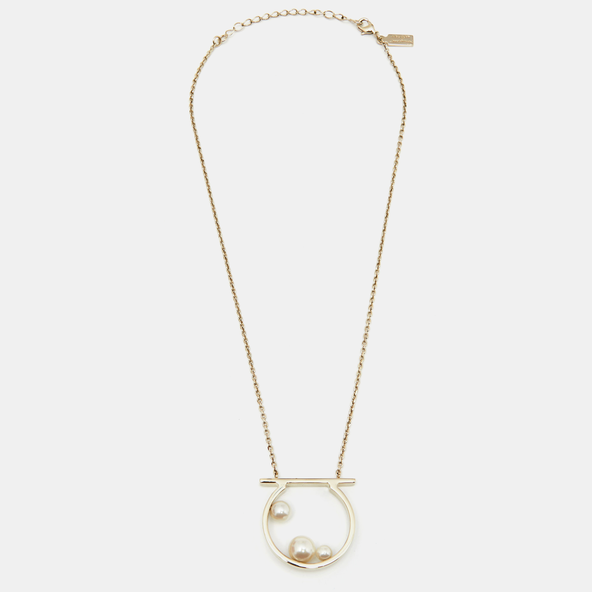 

Salvatore Ferragamo Gold Tone Gancini Faux Pearl Pendant Necklace