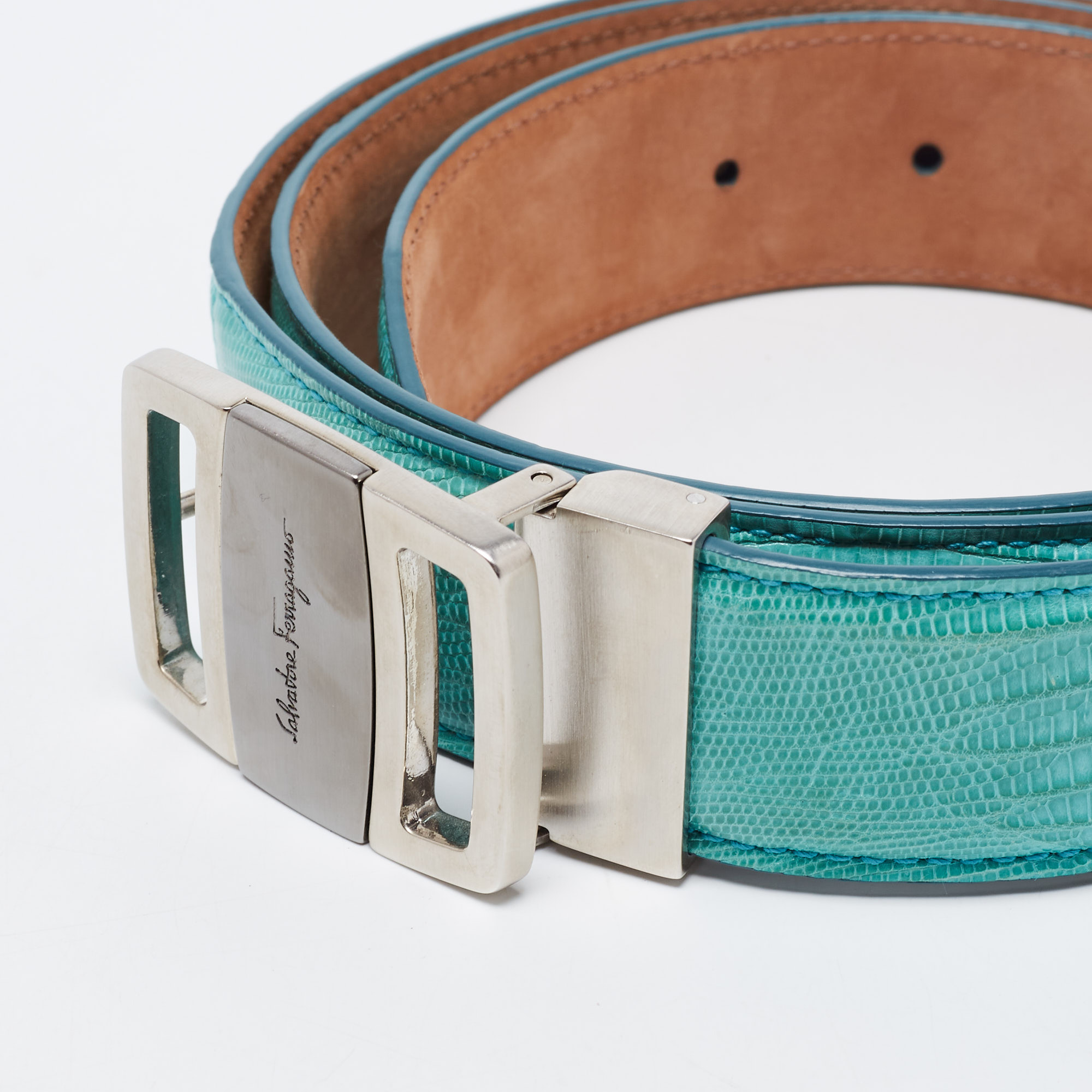 

Salvatore Ferragamo Turquoise Green Lizard Buckle Belt