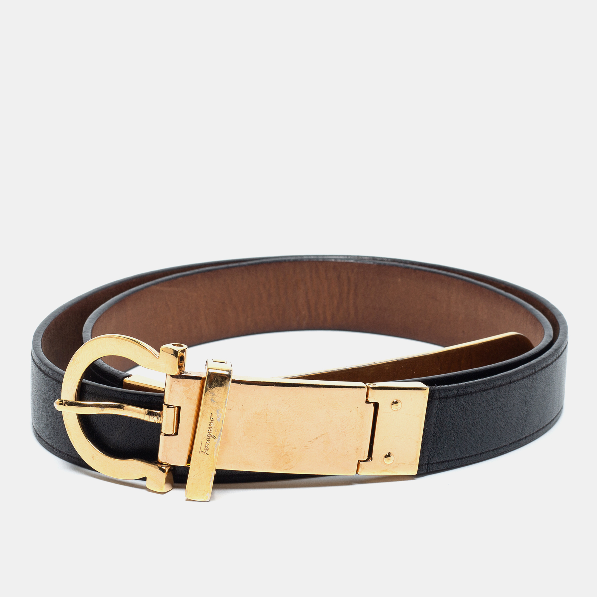 

Salvatore Ferragamo Black Leather Gancini Buckle Belt