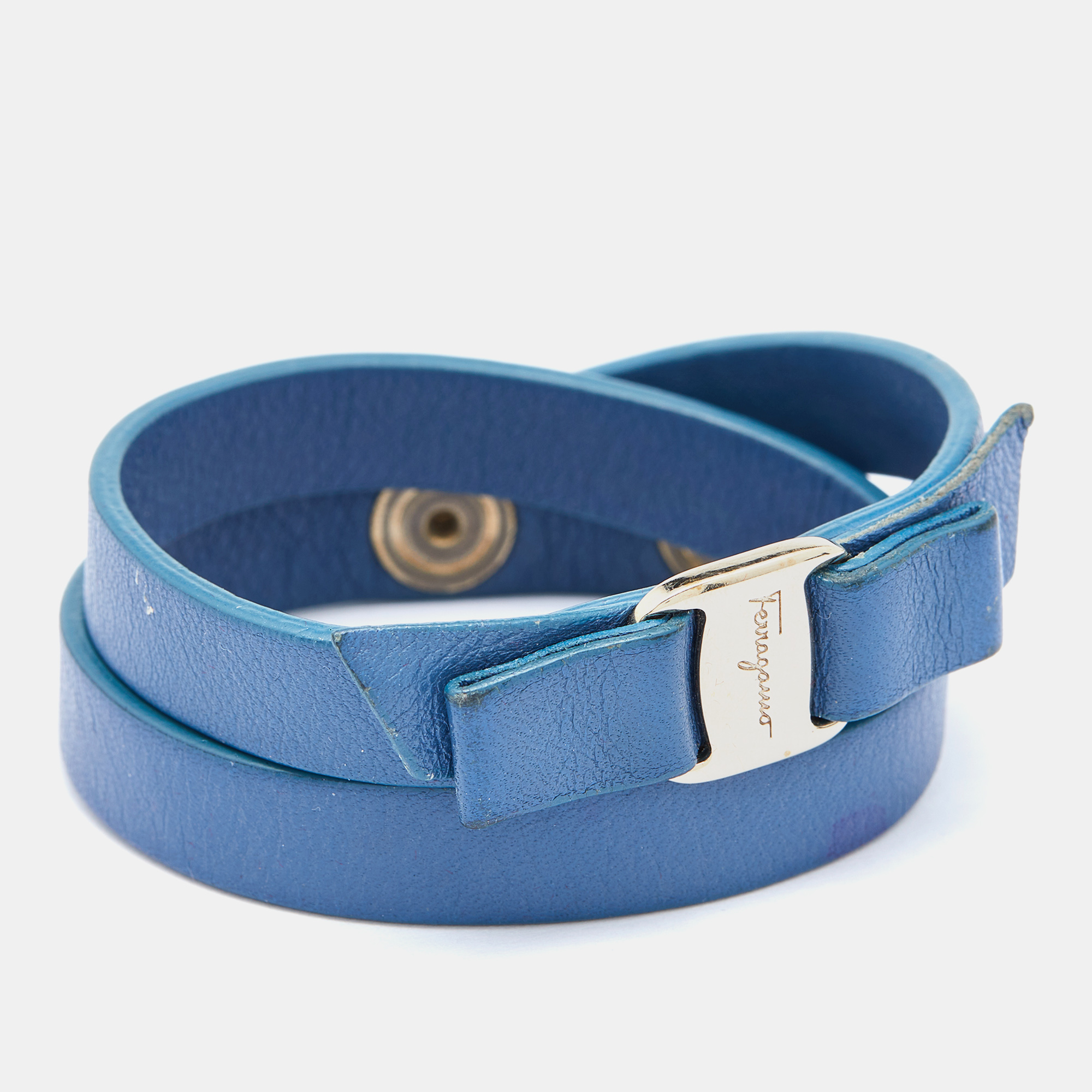 

Salvatore Ferragamo Blue Leather Vara Bow Double Tour Bracelet