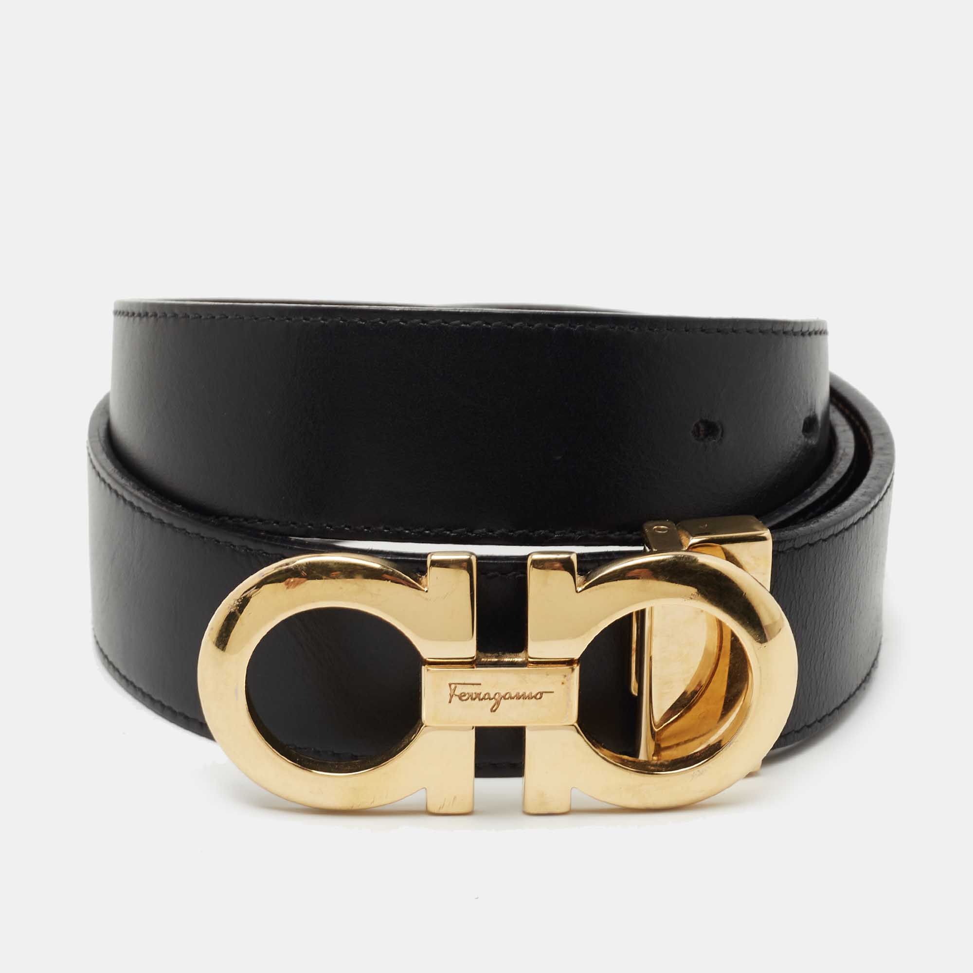 Salvatore Ferragamo Black/Brown Leather Reversible Gancini Buckle Belt Size 90CM