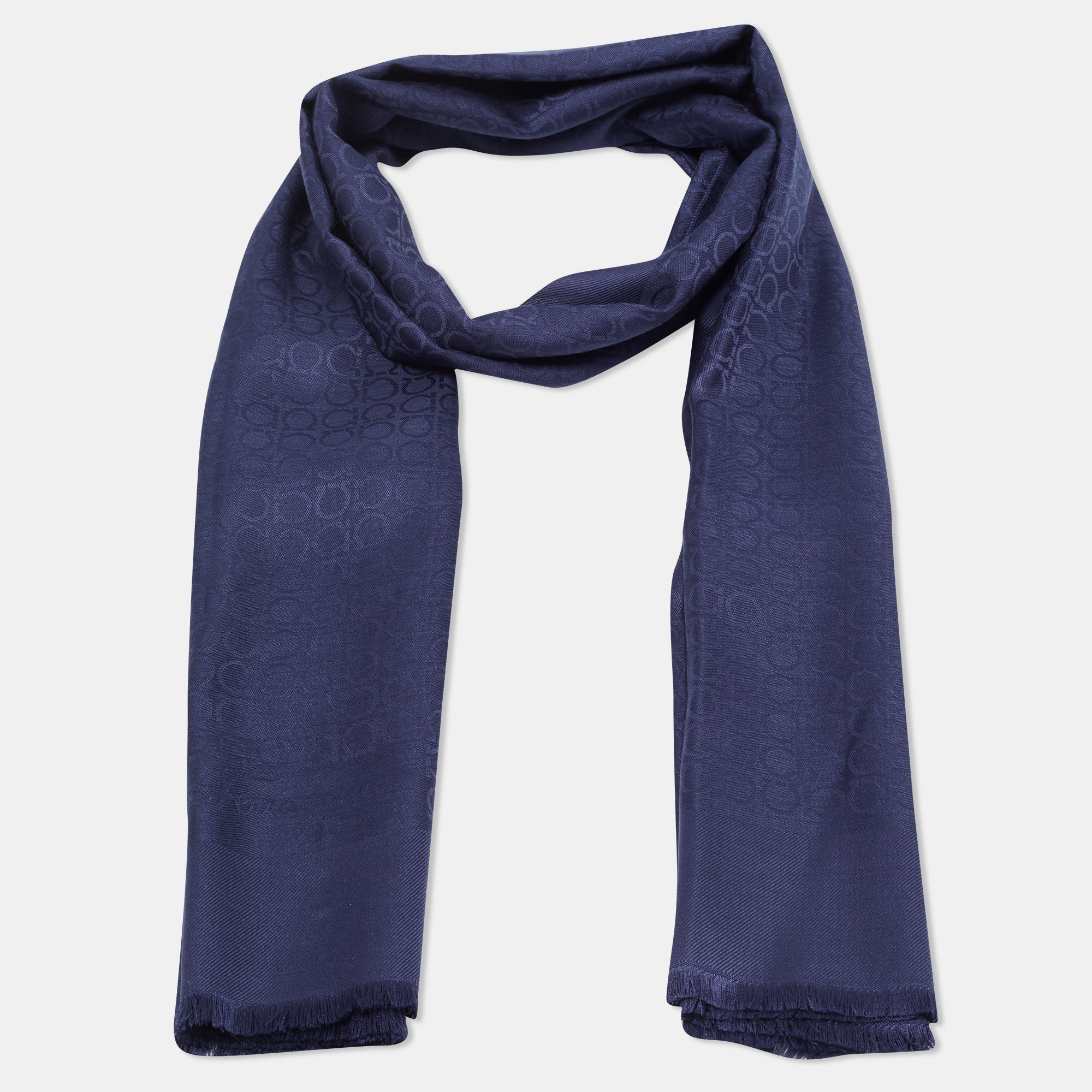 

Salvatore Ferragamo Navy Blue Gancini Pattern Silk & Wool Stole