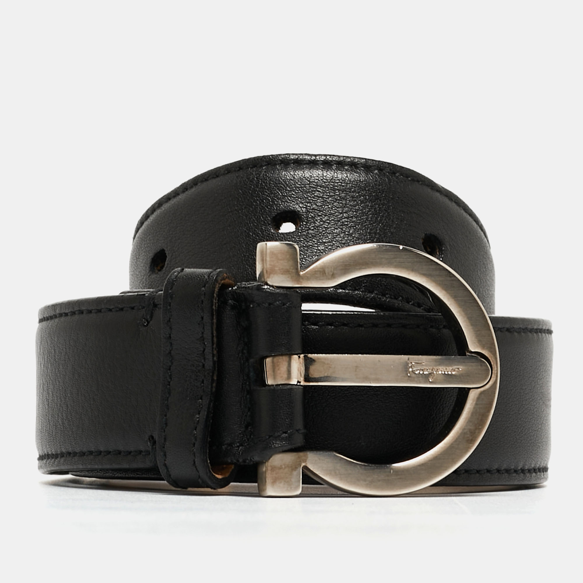 Pre-owned Ferragamo Black Leather Gancini Buckle Belt 75cm
