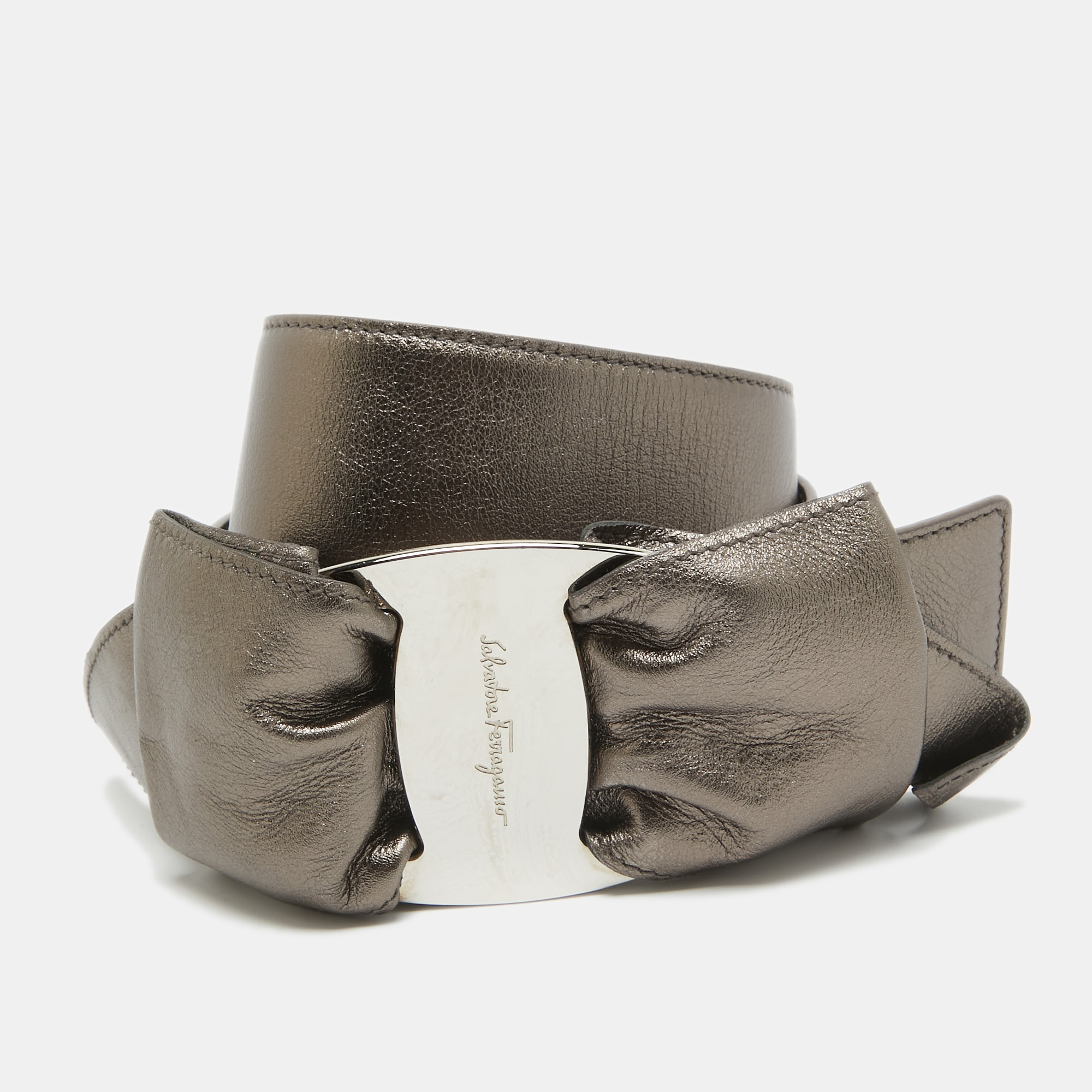 Pre-owned Ferragamo Metallic Leather Logo Bow Waist Belt 85cm