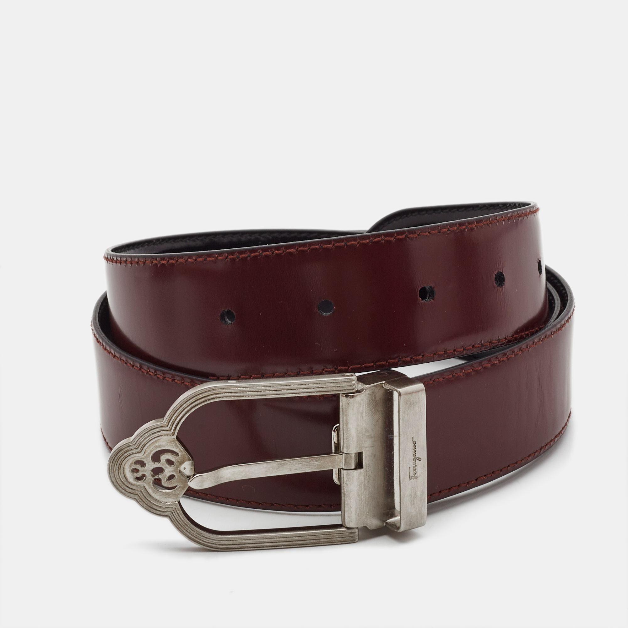 

Salvatore Ferragamo Burgundy Glossy Leather Cut to Size Buckle Belt