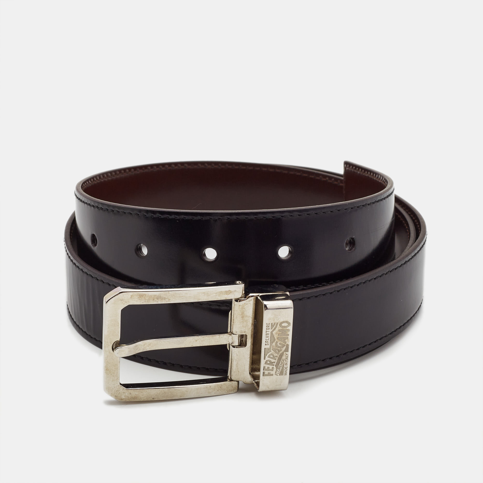 

Salvatore Ferragamo Black/Brown Glossy Leather Cut to Size Reversible Belt