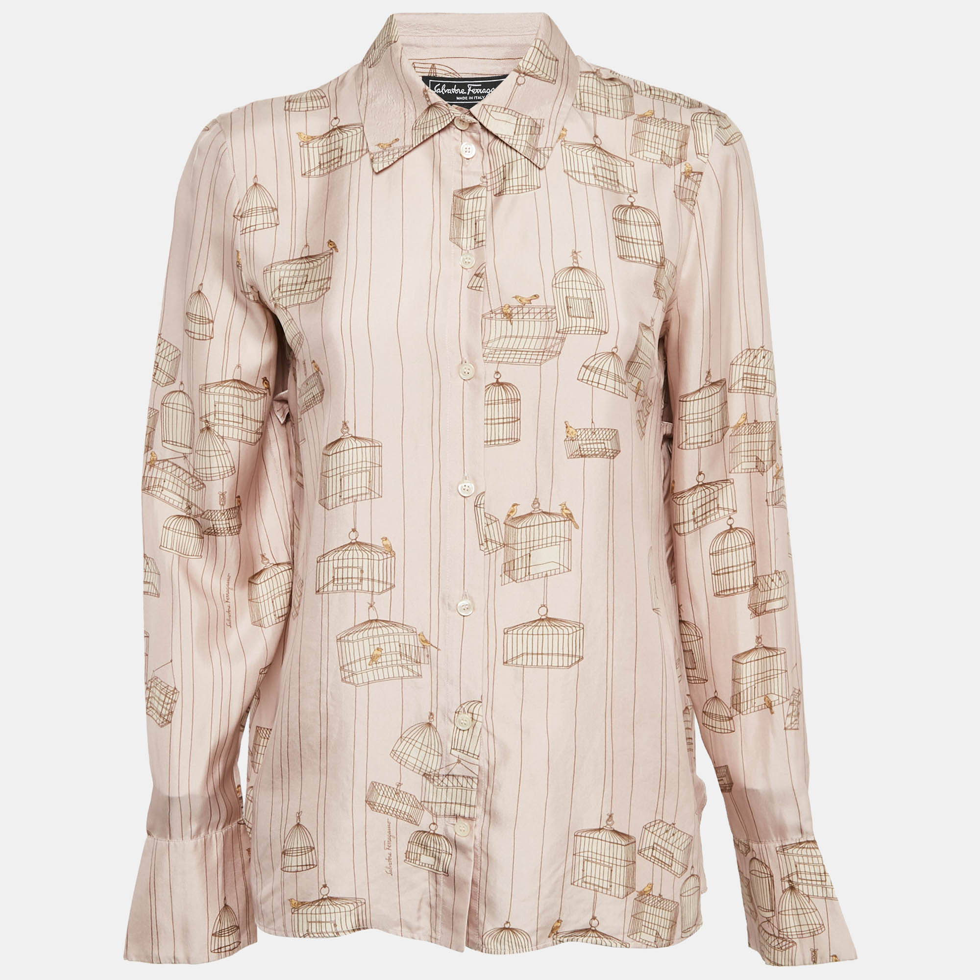 

Salvatore Ferragamo Pink Bird Cage Print Silk Ruffled Shirt M