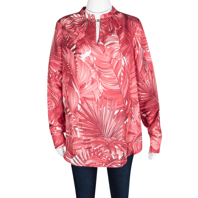 

Salvatore Ferragamo Red Leaf Printed Silk Long Sleeve Blouse