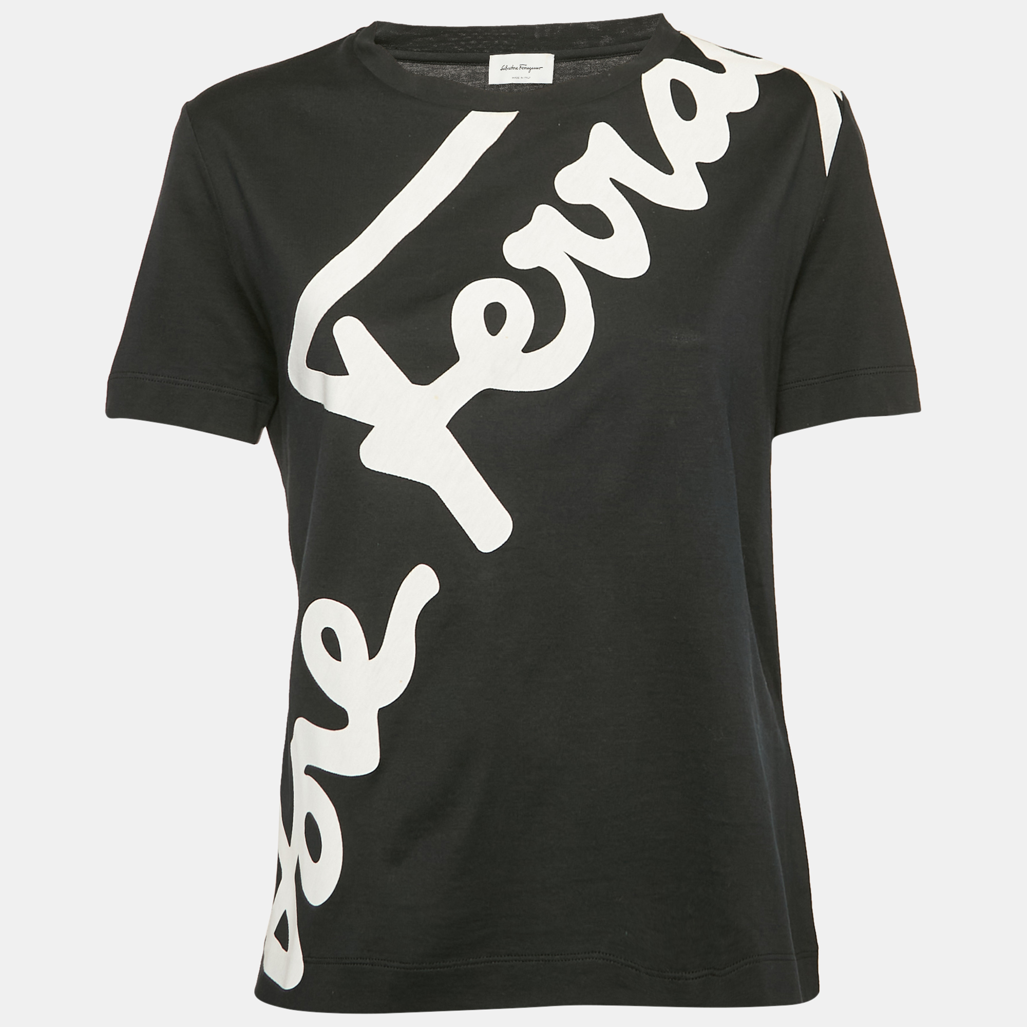 

Salvatore Ferragamo Black Logo Print Cotton Crew Neck T-Shirt L