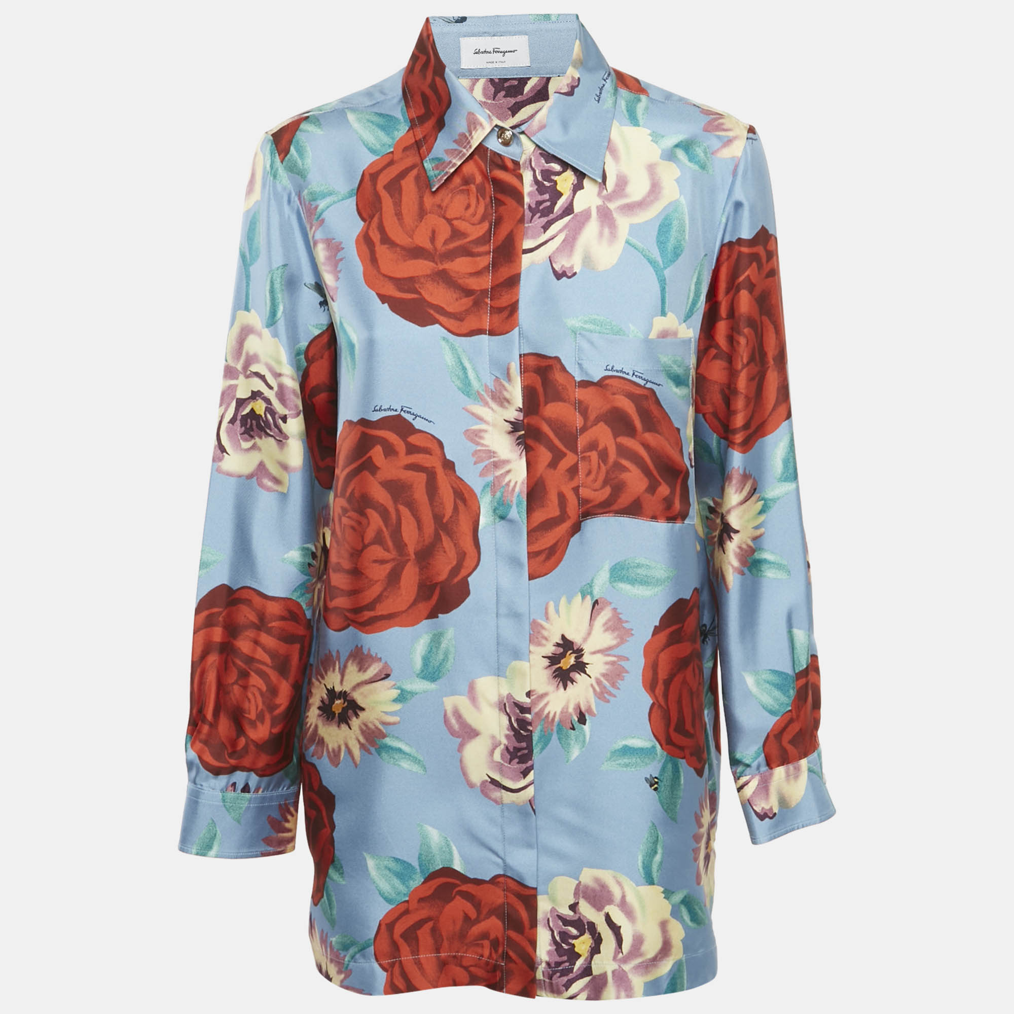 

Salvatore Ferragamo Blue Rose Print Silk Long Sleeve Shirt M