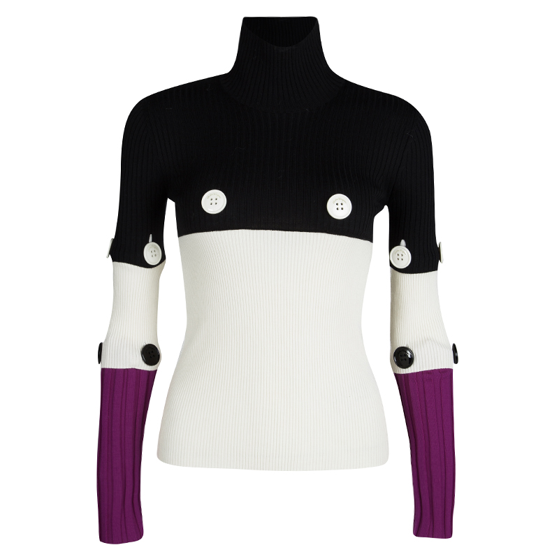 Salvatore Ferragamo Fall'16 Colorblock Button Detail Ribbed Wool Sweater XS