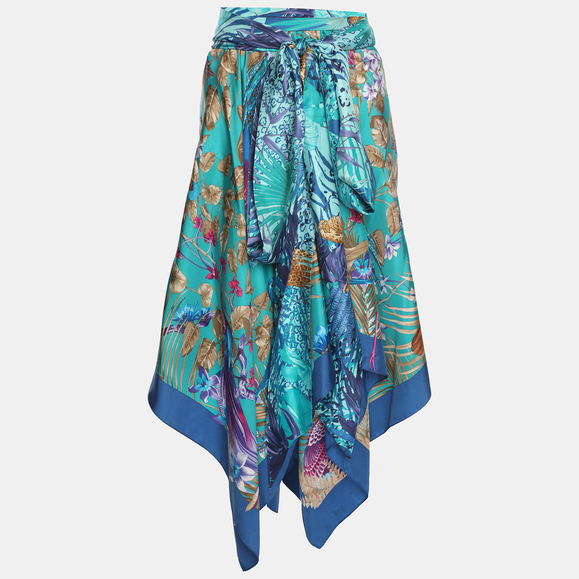 

Salvatore Ferragamo Blue Printed Silk Belted Asymmetric Hem Skirt M