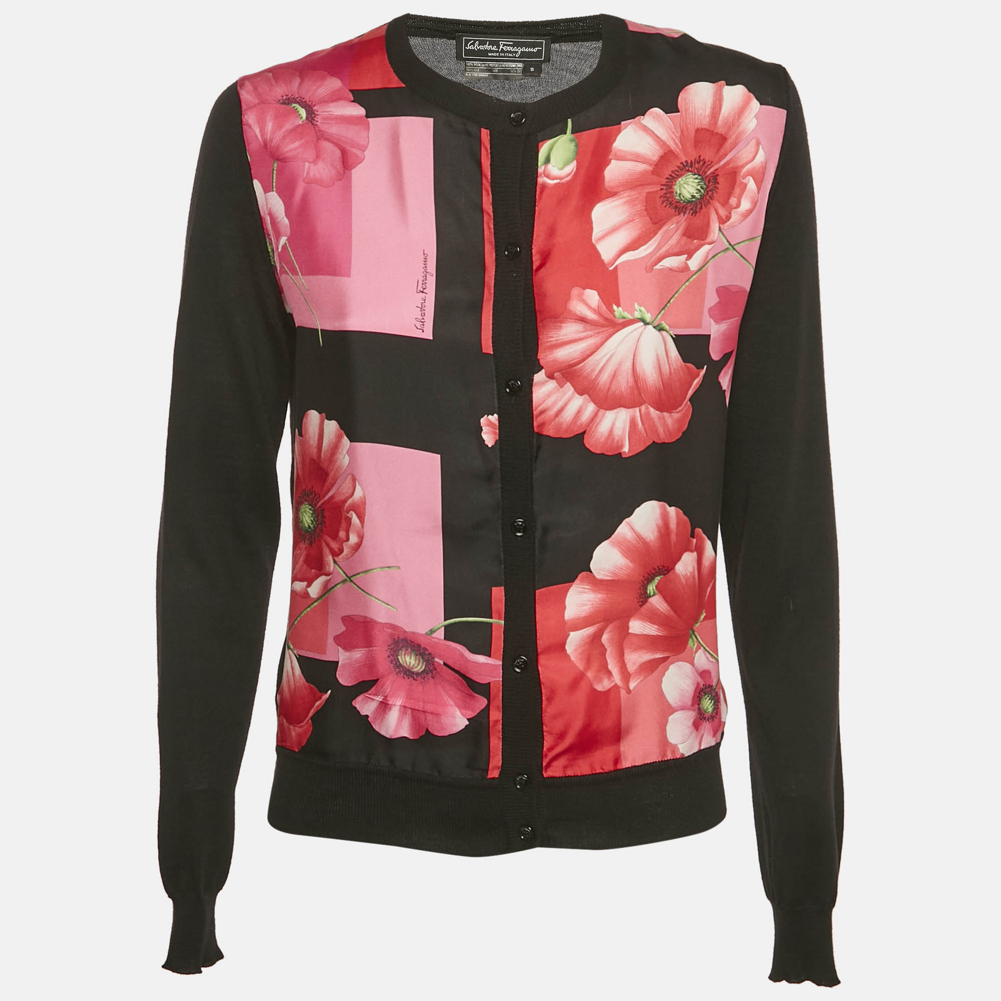 Pre-owned Ferragamo Black Wool & Silk Floral Print Cardigan S