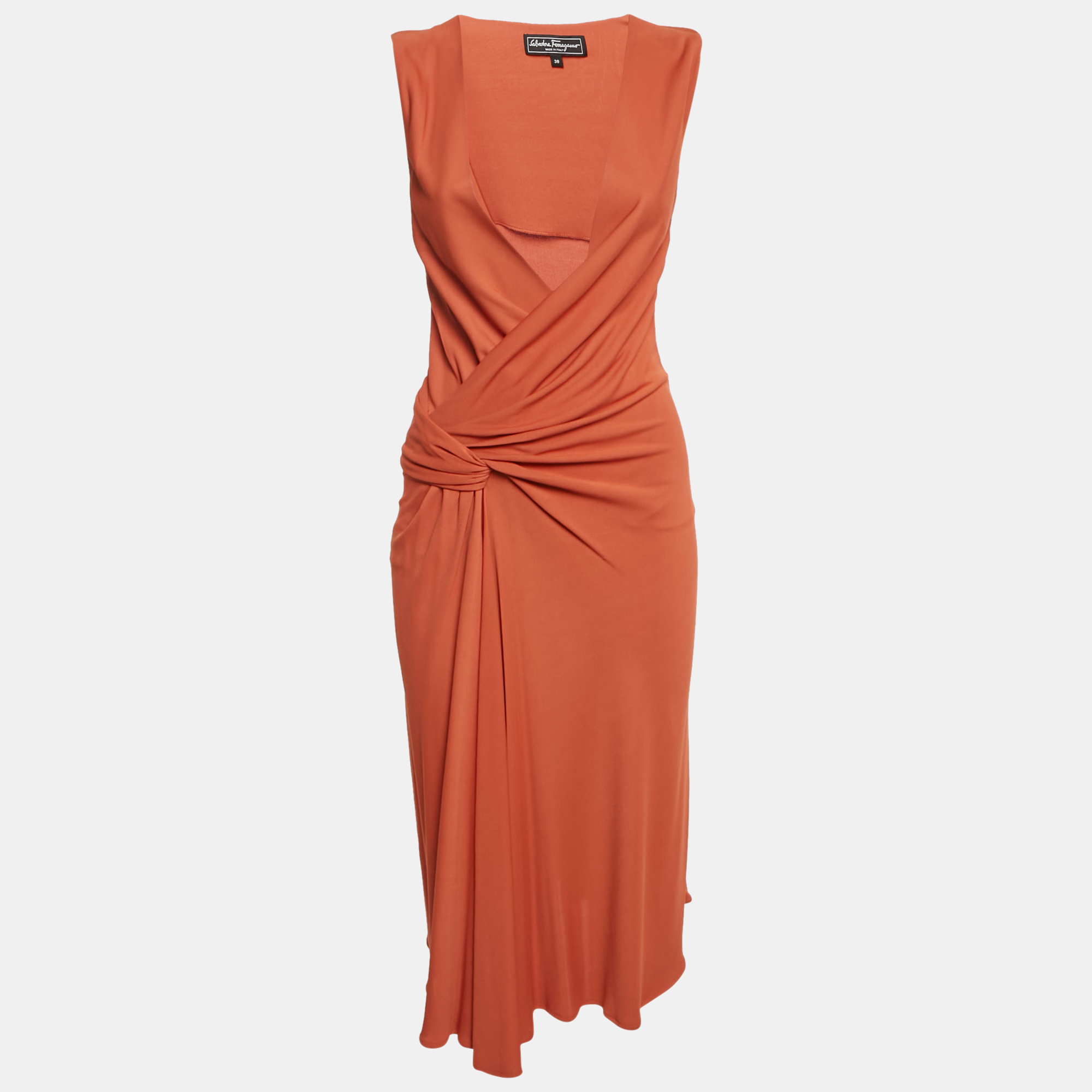 Salvatore Ferragamo Orange Jersey Plunging Neck Midi Dress S
