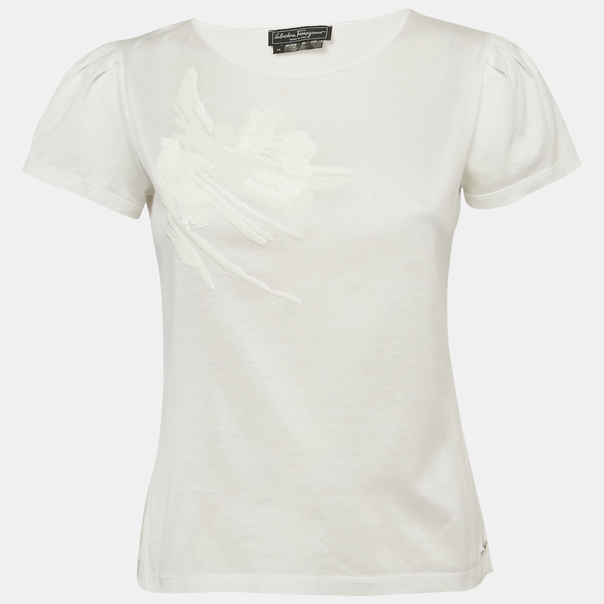 

Salvatore Ferragamo White Sequin Embellished Jersey T-Shirt M