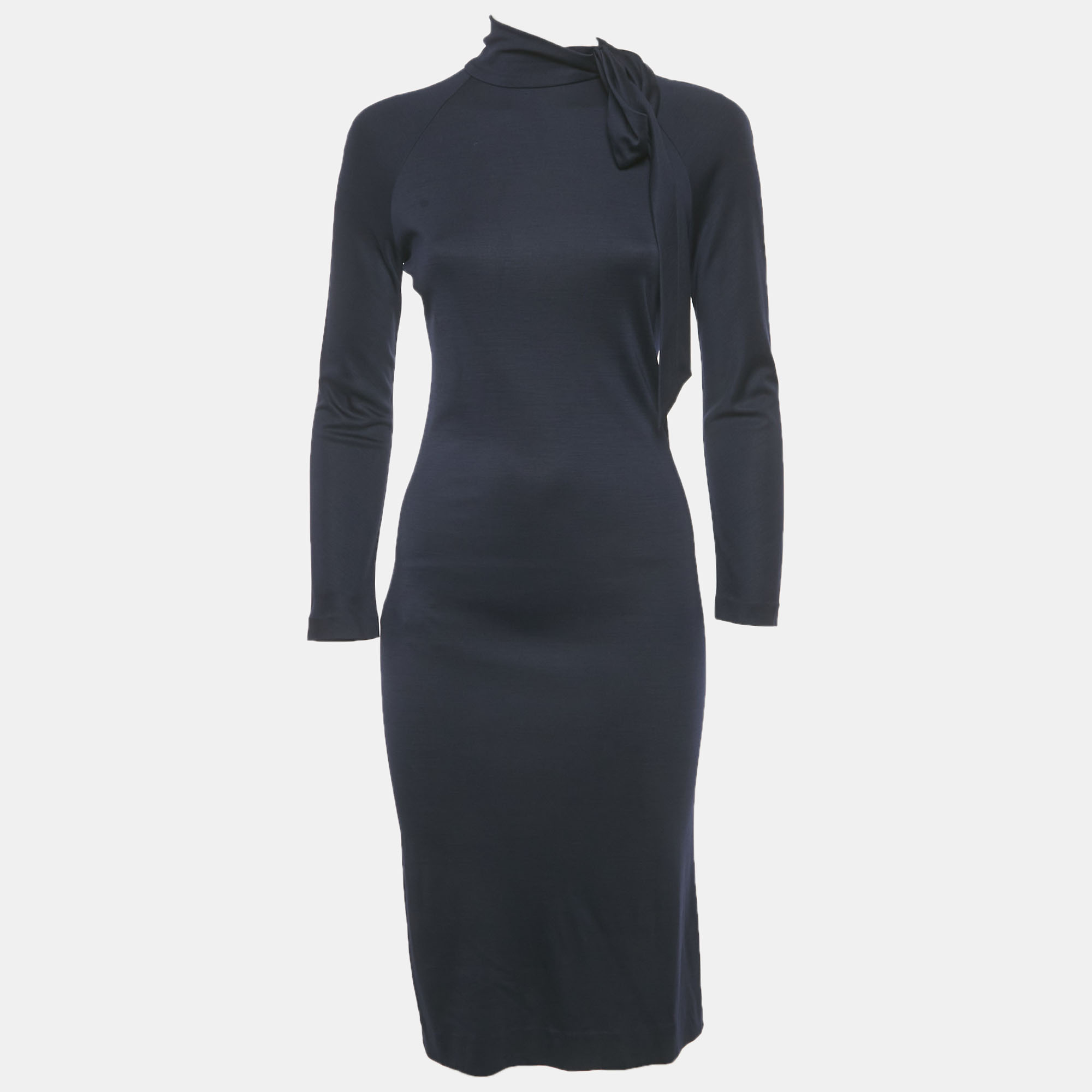 

Salvatore Ferragamo Navy Blue Wool Bow Detail Midi Dress S