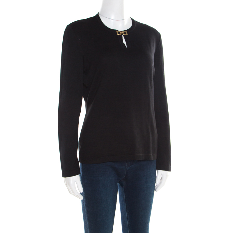 

Salvatore Ferragamo Black Cotton Knit Double Gancini Clasp Detail Sweater