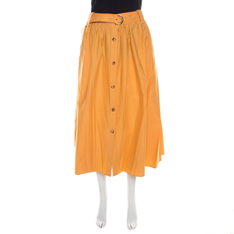 Pre Owned Salvatore Ferragamo Orange Cotton Gathered Belted Midi Skirt M
