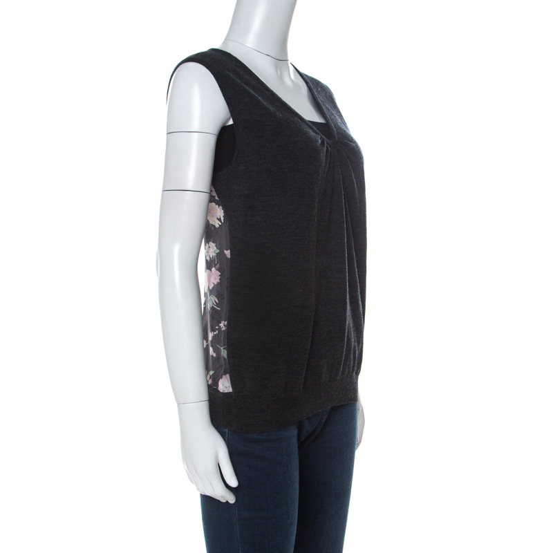 

Salvatore Ferragamo Charcoal Grey Knit and Floral Printed Silk Sleeveless Top